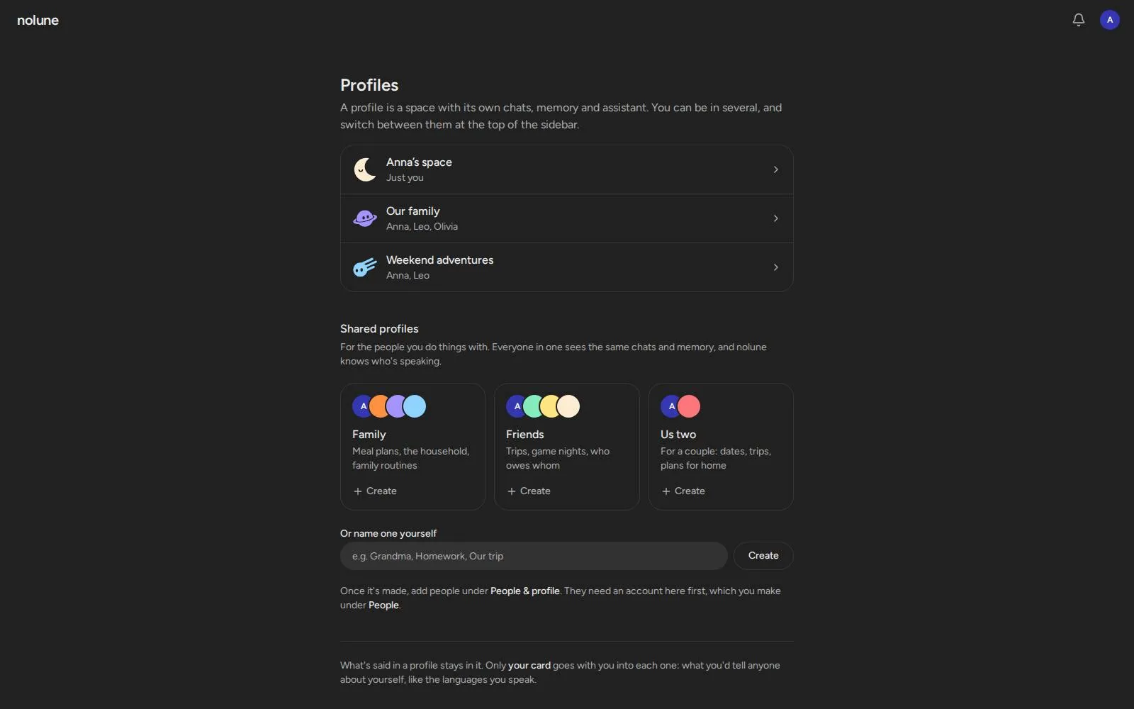 Personal and shared profiles in nolune